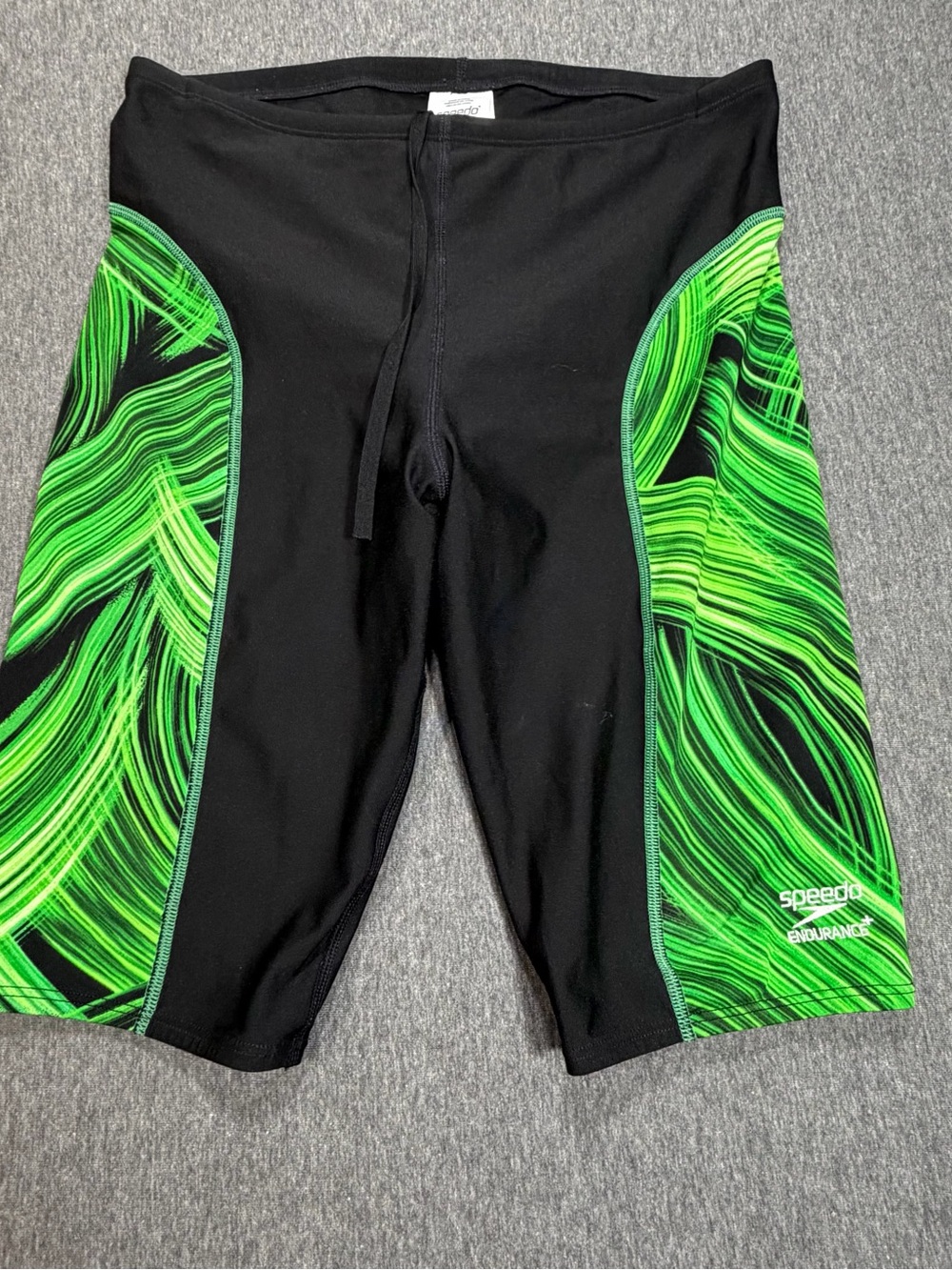 Speedo Endurance Men’s Black Swim Jammer with Green Wave Panels Size 32
